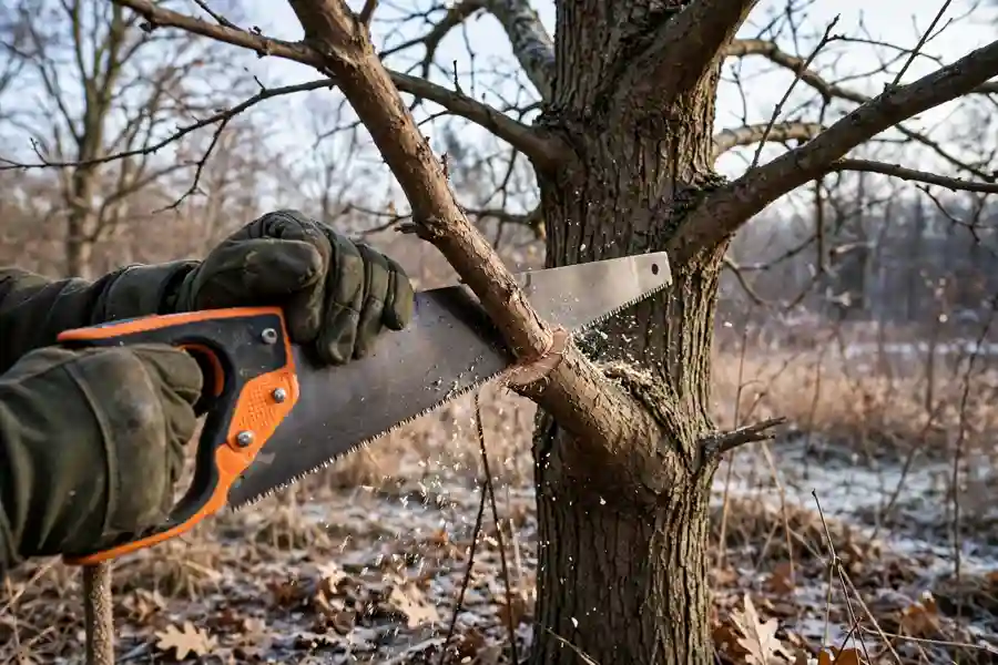 Hands cutting an oak limb just outside the branch collar in winter