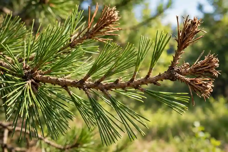 Pine branch with browning needle tips and green needles closer to the trunk