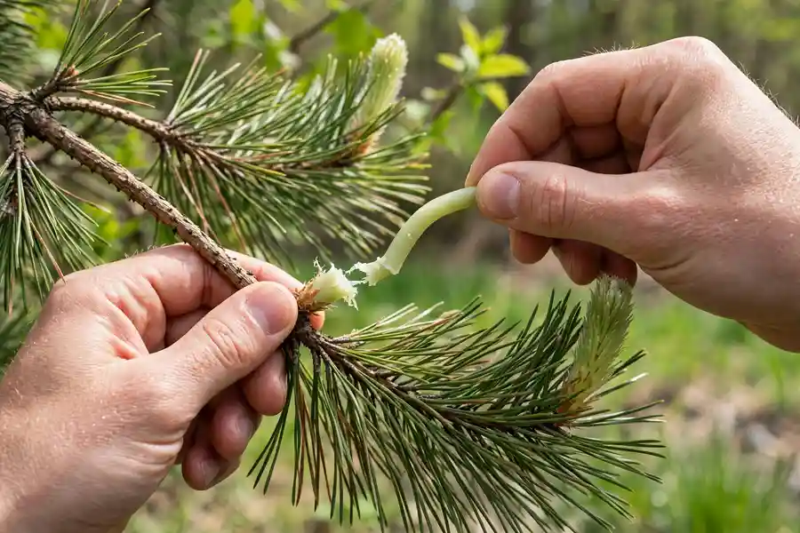 Hands snapping off a new green candle on a pine branch in spring