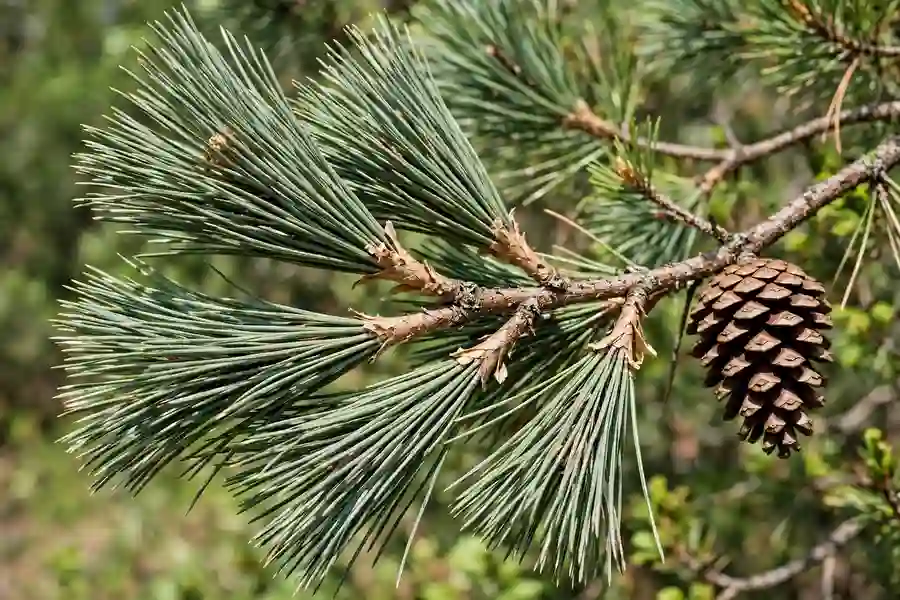Pine branch with long needle bundles and a brown woody cone