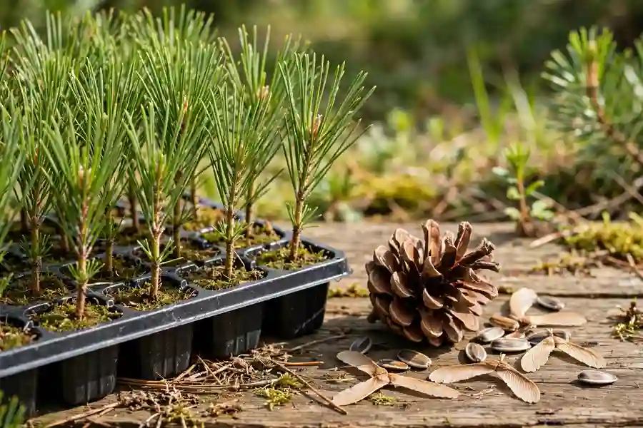 Small pine seedlings in a tray beside an open pine cone and winged seeds