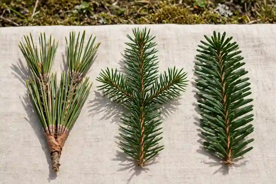 Pine, spruce and fir twigs side by side showing different needles