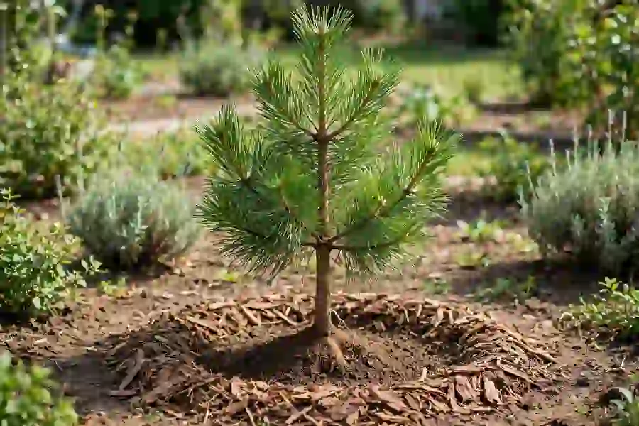 Young pine tree planted with a mulch ring kept off the trunk