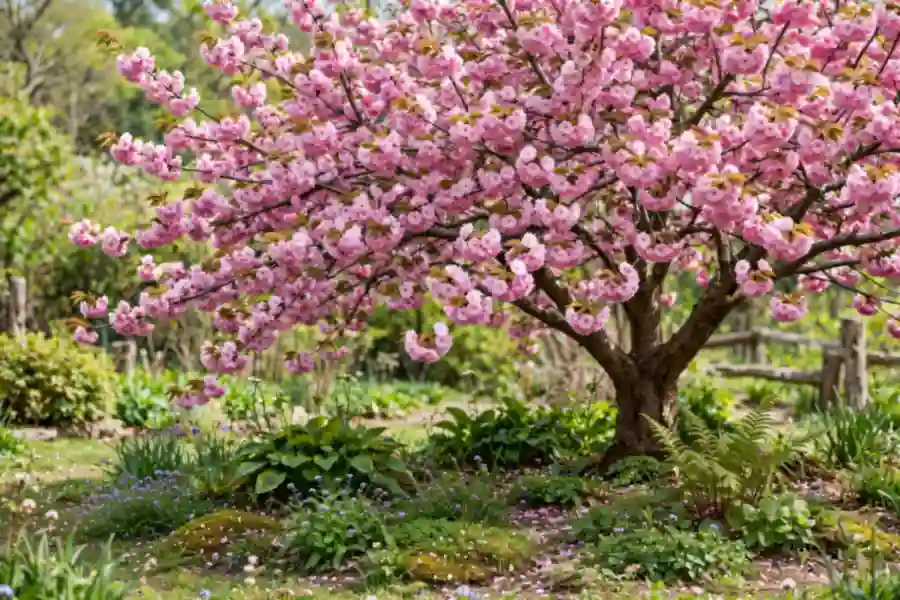 Cherry tree covered in pink blossoms in spring