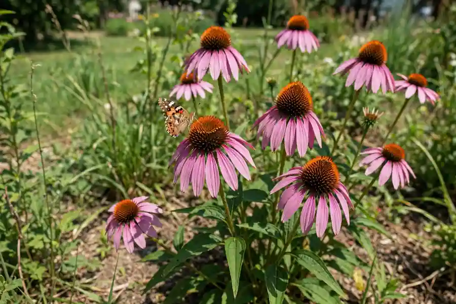 Pink coneflowers in full sun with a butterfly on one flower