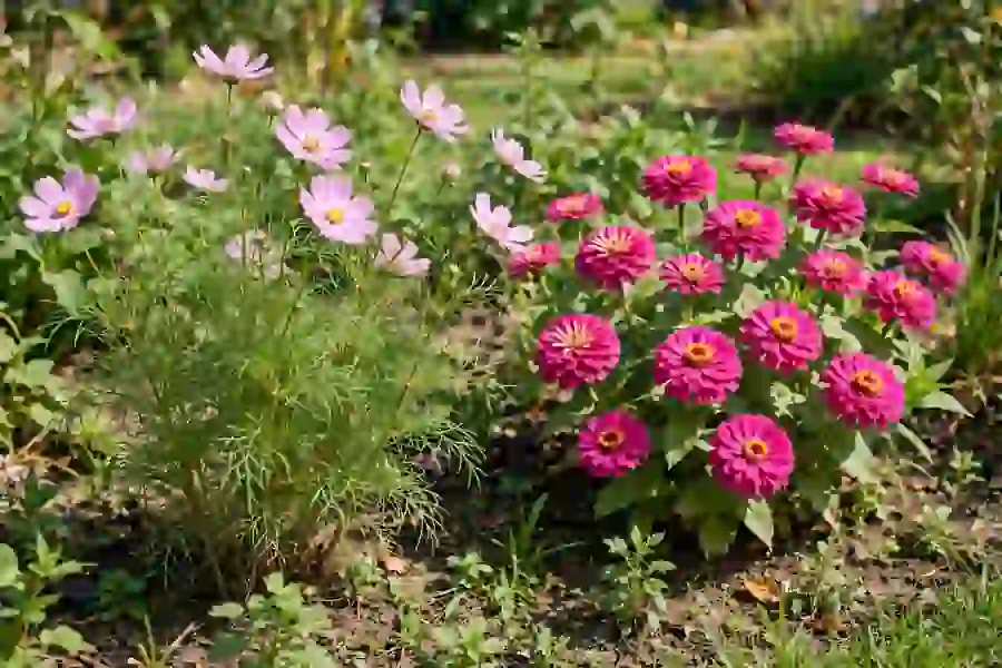 Pink cosmos and hot pink zinnias growing side by side in a sunny bed