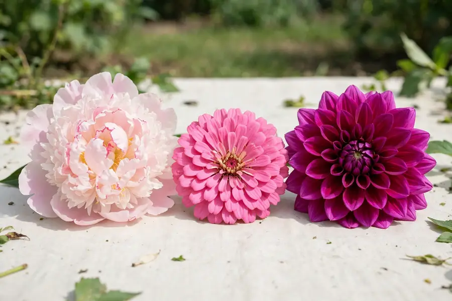 Pale blush peony, bright pink zinnia and deep magenta dahlia side by side
