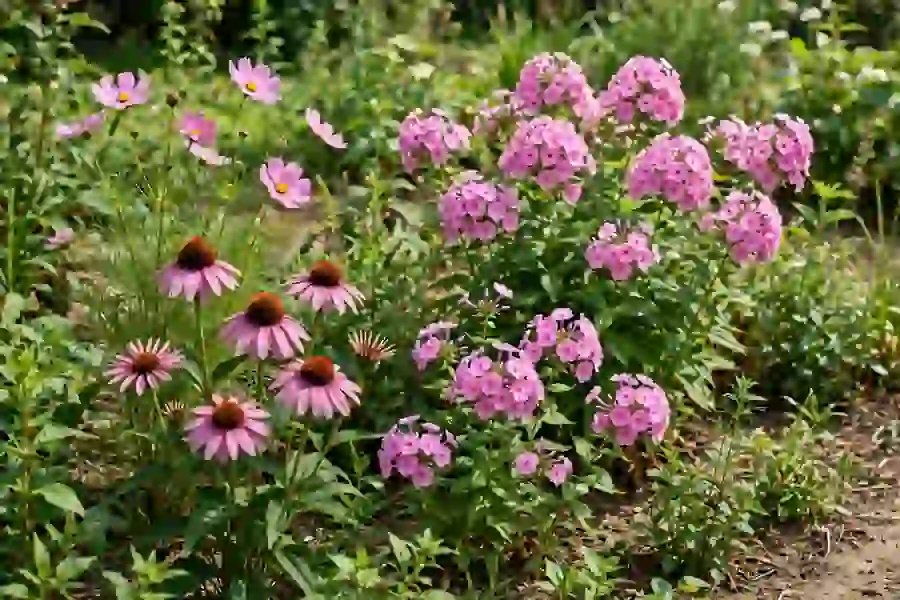 Garden bed with pink coneflowers, phlox and cosmos blooming together