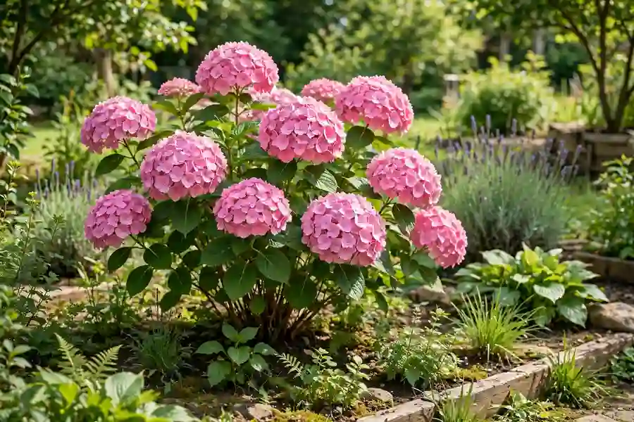 Pink bigleaf hydrangea shrub in full bloom in a summer garden