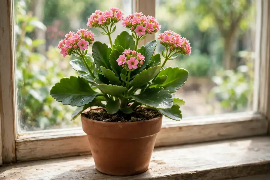 Potted kalanchoe with clusters of pink flowers on a bright windowsill