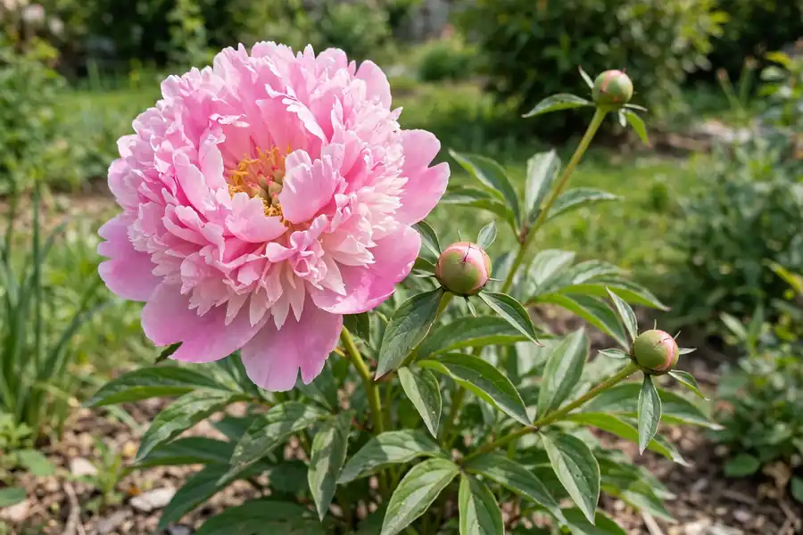 Large pink peony bloom with buds in a garden