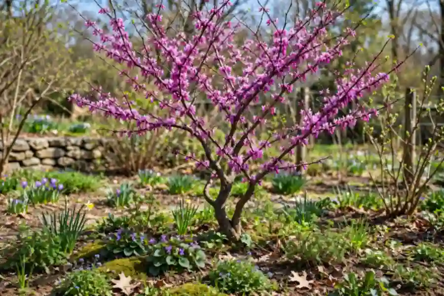 Redbud tree with magenta-pink flowers on bare branches in early spring