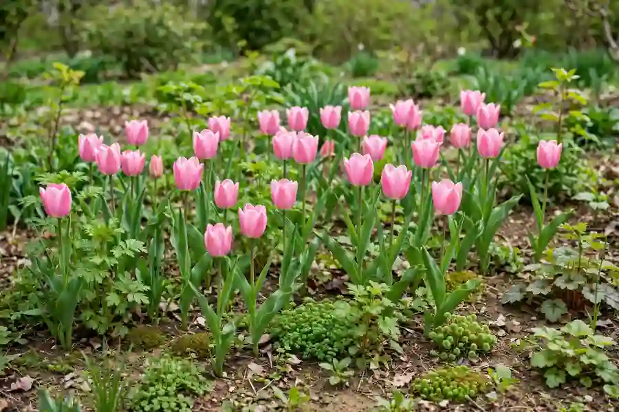 Drift of pink tulips blooming in a spring garden bed