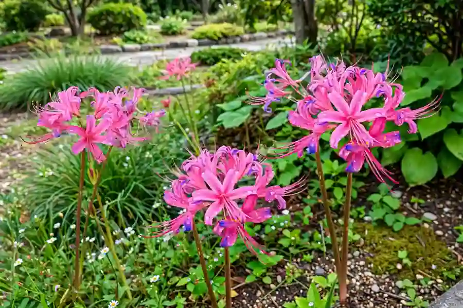 Lycoris sprengeri flowers with pink petals and blue-violet tips