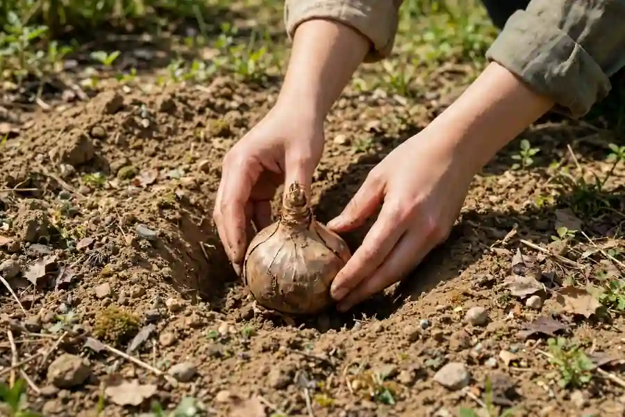 Hands setting a spider lily bulb pointed end up into a planting hole