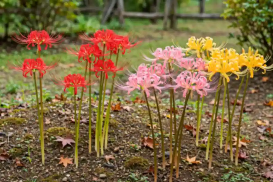 Garden bed with red, pink and golden yellow spider lily flowers blooming together