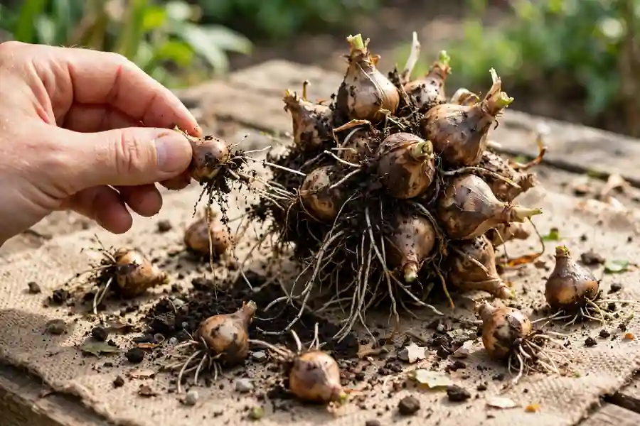 Clump of spider lily bulbs with small offset bulbs being separated