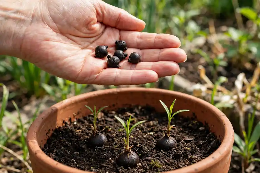 Black tiger lily bulbils in a hand above a pot of soil with a few sprouting