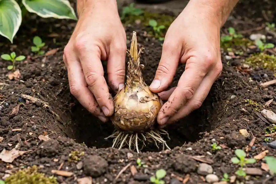 Hands placing a scaly lily bulb pointed end up into a deep planting hole