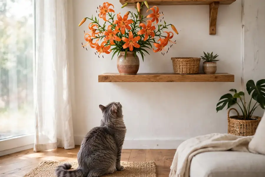 Vase of orange tiger lilies on a high shelf with a cat looking up from the floor