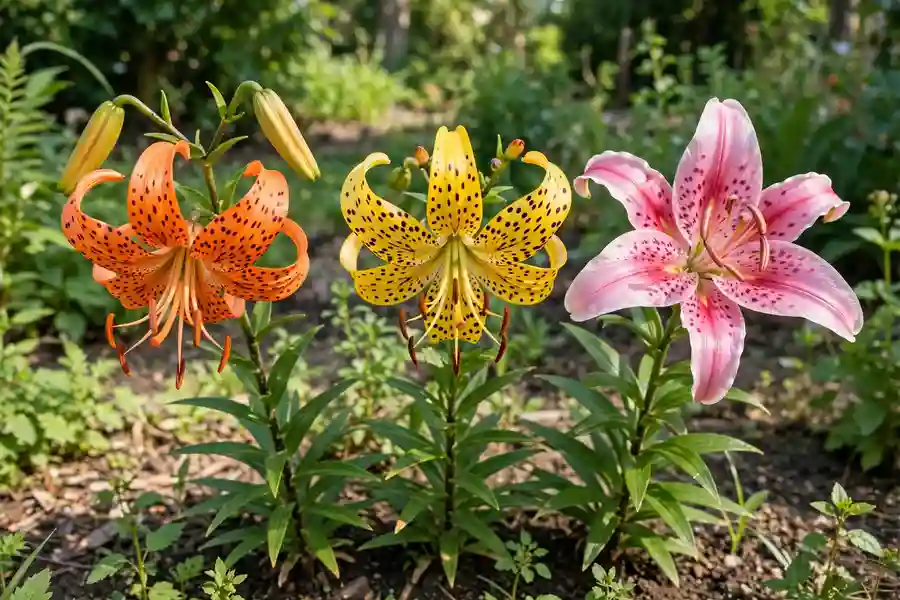Orange tiger lily beside a yellow spotted lily and a pink spotted hybrid lily