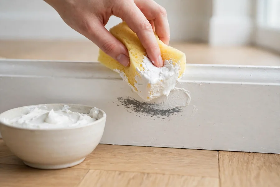 Baking soda paste dabbed on a scuff mark on a white baseboard with a soft sponge