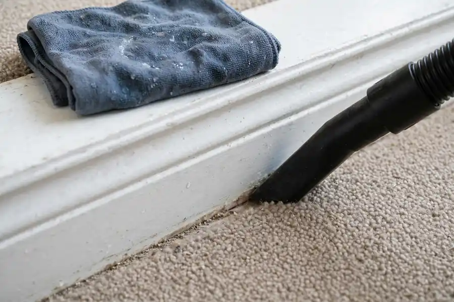 Vacuum crevice tool cleaning the seam where carpet meets a white baseboard