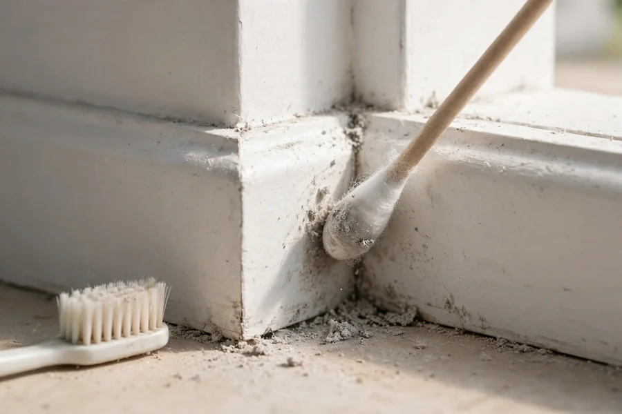 Cotton swab cleaning dust from the inside corner where two baseboards meet
