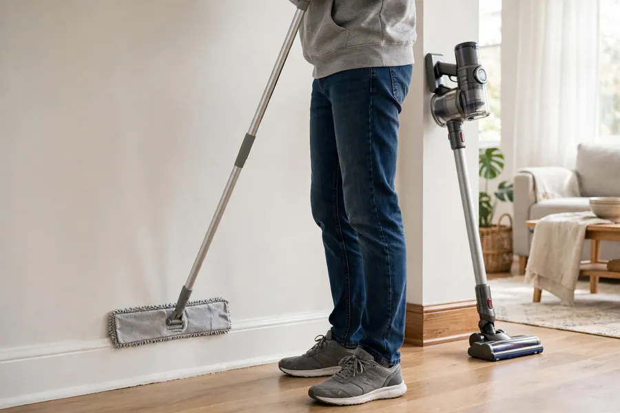 Person washing a white baseboard from a standing position with a long-handled flat mop