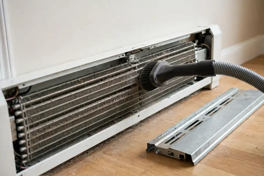 Vacuum brush dusting the fins inside an electric baseboard heater with its cover removed