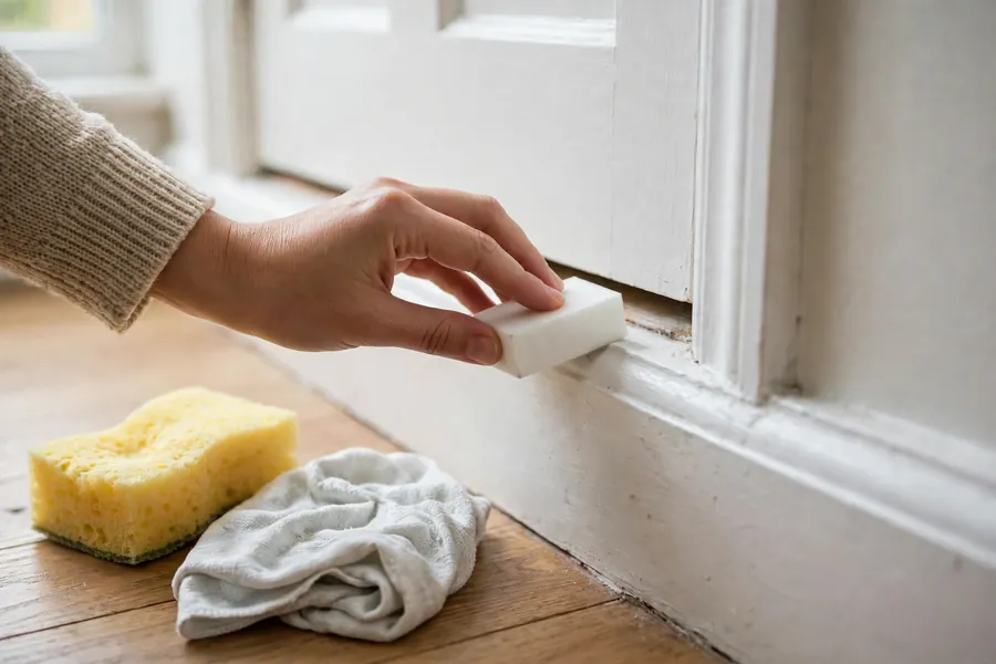 Hand holding a melamine foam eraser lightly against a baseboard behind a door