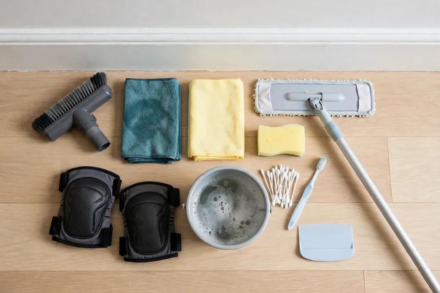 Cleaning tools for baseboards laid out on a wood floor beside a white baseboard