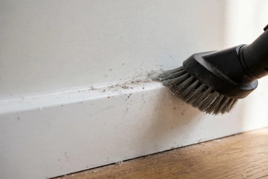 Vacuum brush attachment cleaning dust from the top edge of a white baseboard