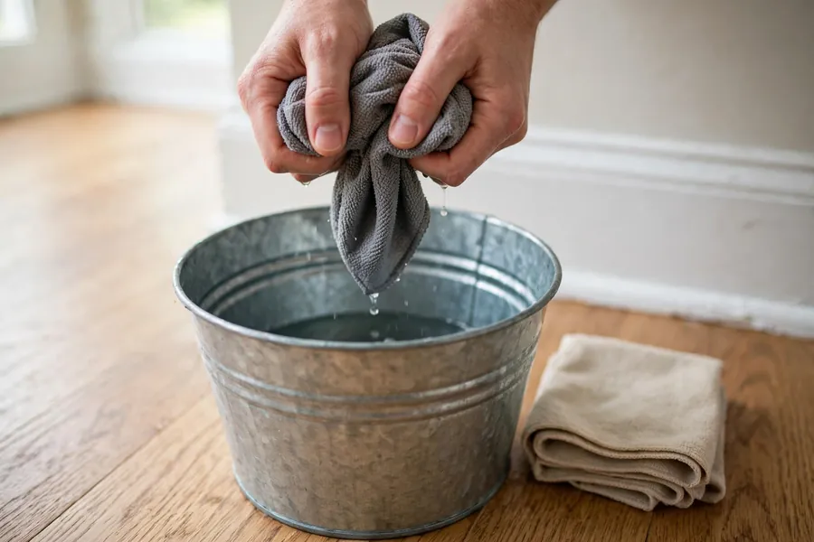 Hands wringing a microfiber cloth over a bucket until barely damp