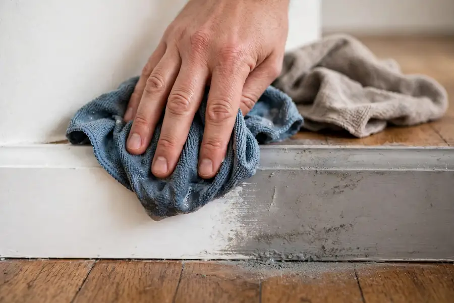 Hand wiping a white baseboard with a damp cloth, clean paint beside dusty paint