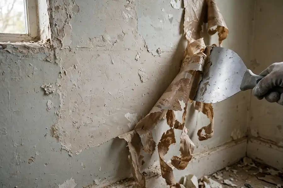 Scraper lifting damp wallpaper backing in curling strips from a wall