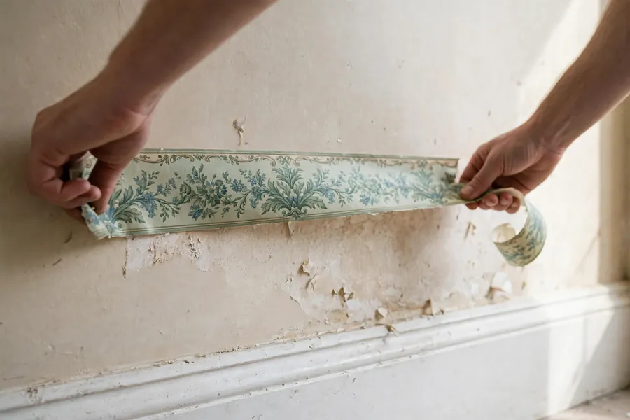 Hands peeling a floral wallpaper border strip above white baseboard trim
