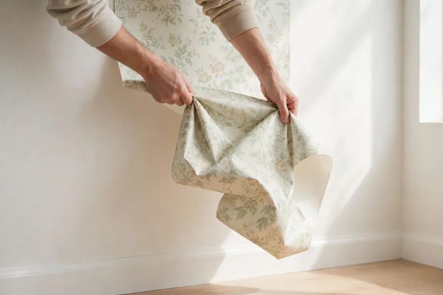Hands pulling a full sheet of strippable wallpaper off a wall