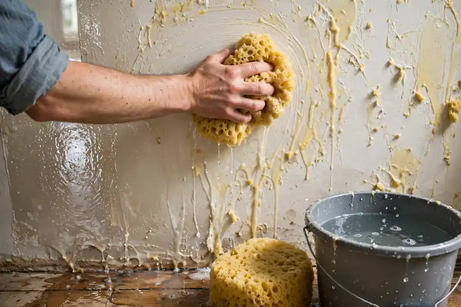 Hand washing sticky wallpaper paste from a wet wall with a sponge and bucket