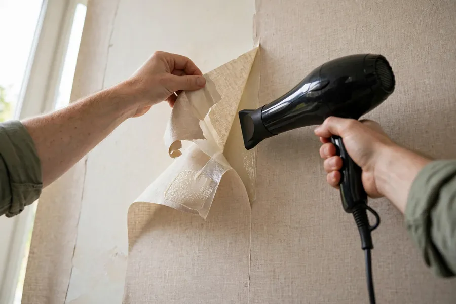 Hair dryer warming peel-and-stick wallpaper while a hand peels it back