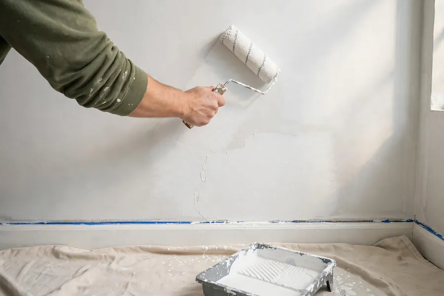 Paint roller applying white primer to a repaired bare wall with a roller tray on a drop cloth below