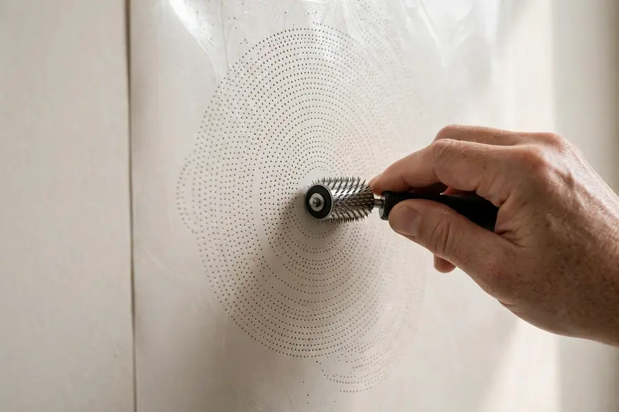 Hand rolling a spiked scoring tool over vinyl wallpaper