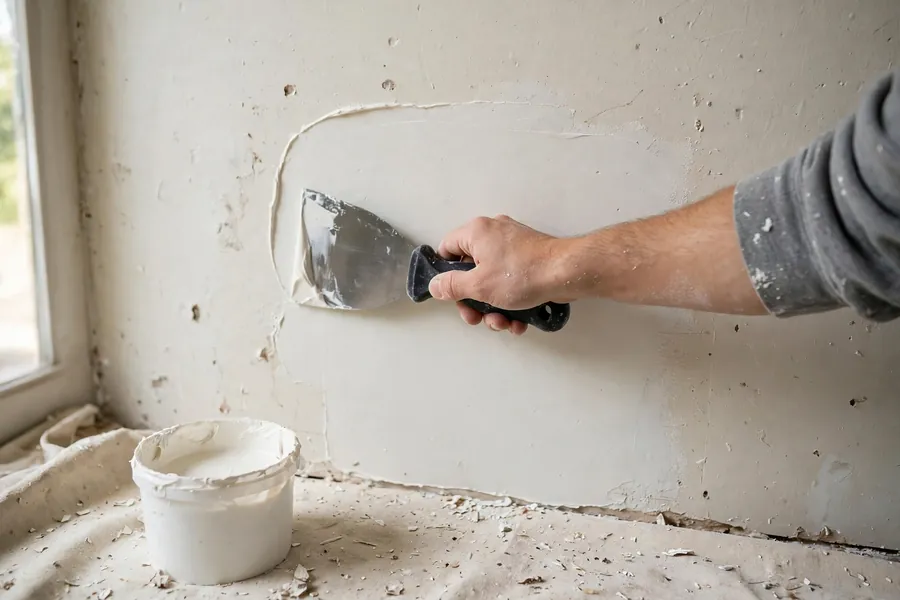 Hand smoothing joint compound over a wall patch with a wide taping knife