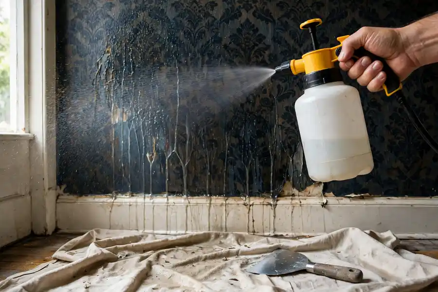 Hand spraying hot water onto soaked old wallpaper above a drop cloth