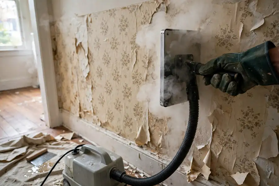 Gloved hand holding a wallpaper steamer plate against a steaming wall