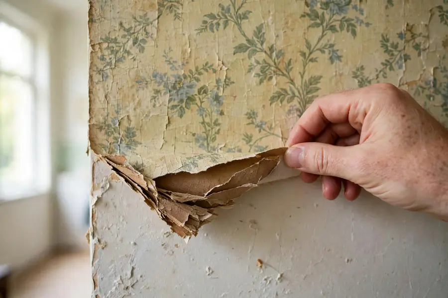 Hand lifting a corner of old floral wallpaper to test the peel
