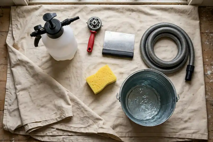 Wallpaper removal tools laid out on a drop cloth