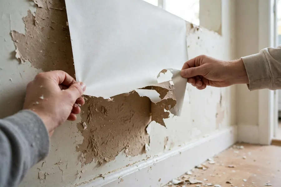 Hands peeling the vinyl face layer off a wall, backing left behind