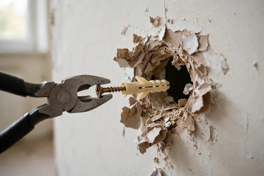 Pliers pulling a wall anchor from drywall