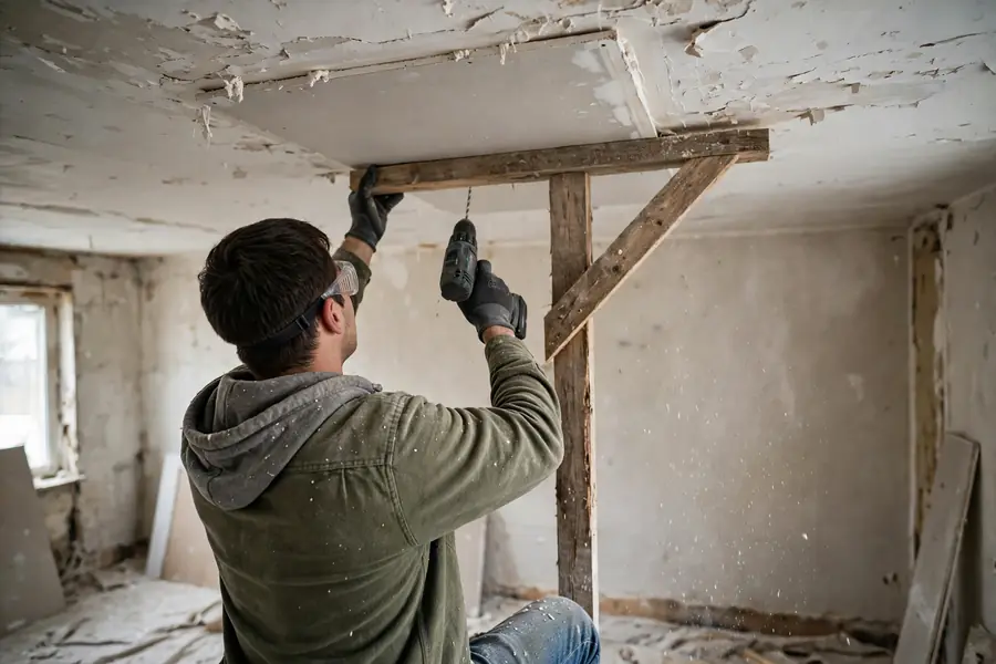 Ceiling patch held up with a wooden T-brace